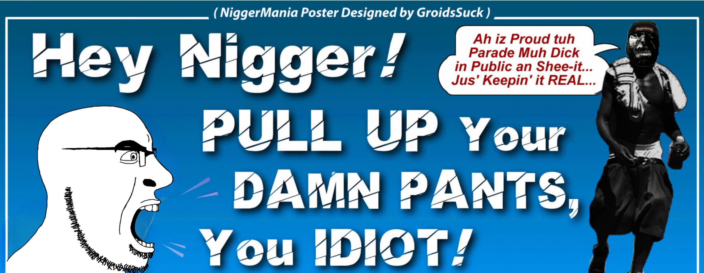 gigachad, rapeson, cobson, hornyson, rapeson, bald, beanie, black skin, blue background, closed mouth
