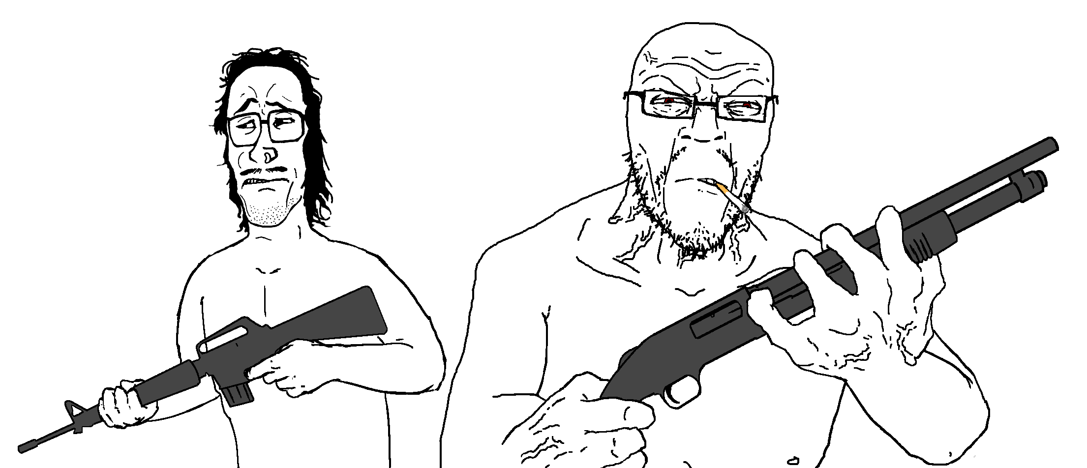 humdrum, dumjacque, mulletjak, 2soyjaks, assault rifle, bald, black eyes, cigarette, front view, glasses