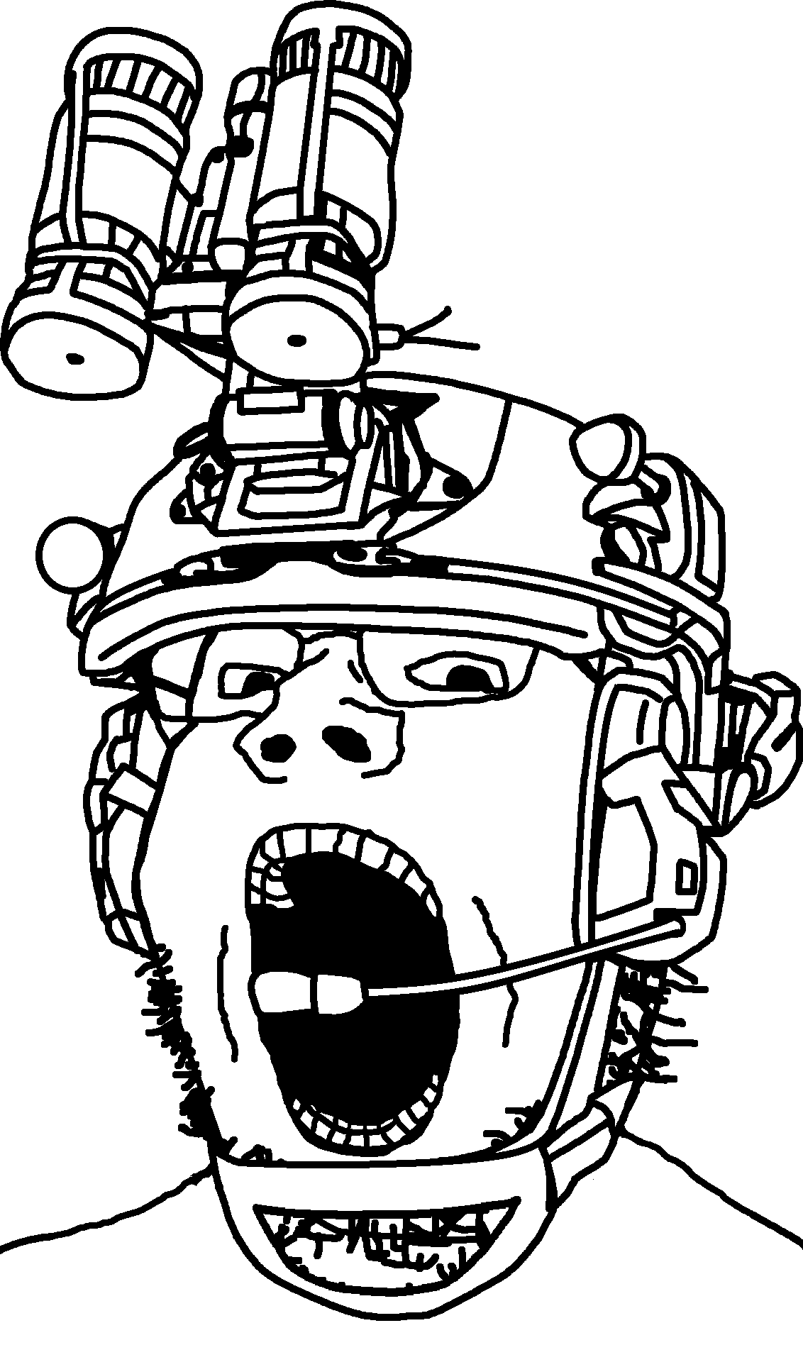 gapejak, 1soyjak, bald, black eyes, clothes, combat helmet, fast helmet, fat, front view, glasses
