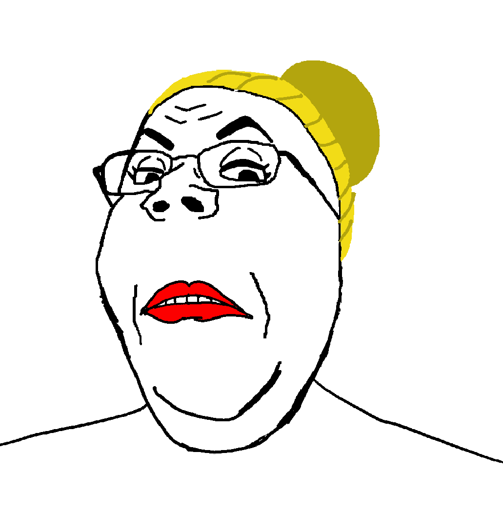 gapejak, female gapejak, milfjak, femjak, foidjaks, 1soyjak, angry, blonde hair, bushy eyebrows, closed mouth