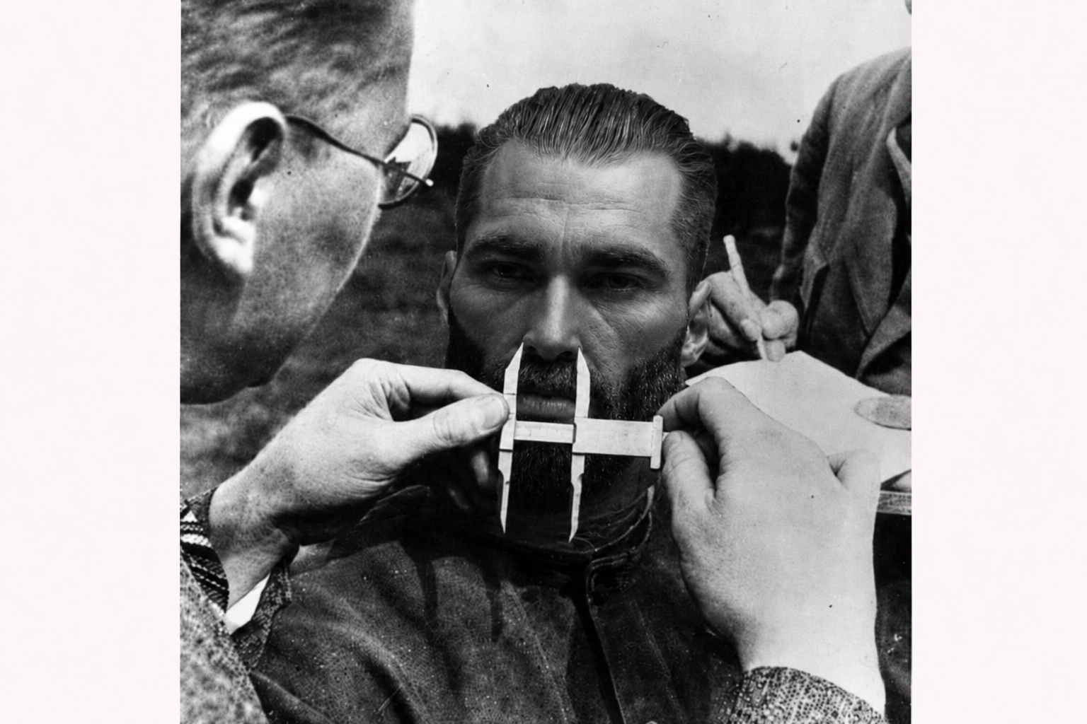 gigachad, gigachaded, anthropology, beard, black hair, calipers, closed mouth, frown, hair, half closed eyes