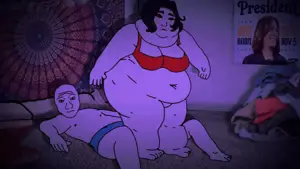 doomer girl wojak, wojak, animated, bald, bbw, black hair, bra, fat, feet, female