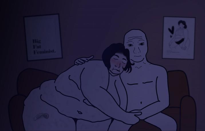 doomer girl wojak, wojak, bald, bbw, belly, black hair, bra, condom, fat, female