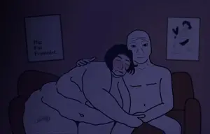 doomer girl wojak, wojak, bald, bbw, belly, black hair, bra, condom, fat, female
