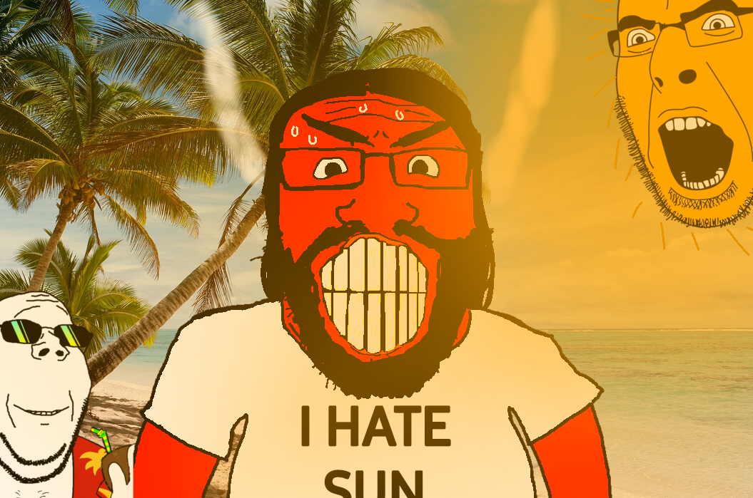 cobson, gapejak, markiplier soyjak, science lover, wholesome soyjak, 3soyjaks, angry, bald, beach, beard