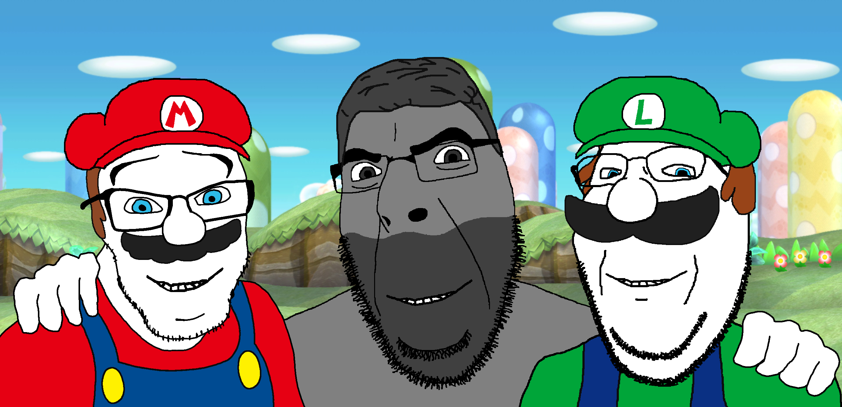 gigachad, luigi, mario, cobson, feraljak, gapejak, gigacobson, wholesome feraljak, wholesome soyjak, my very best friends