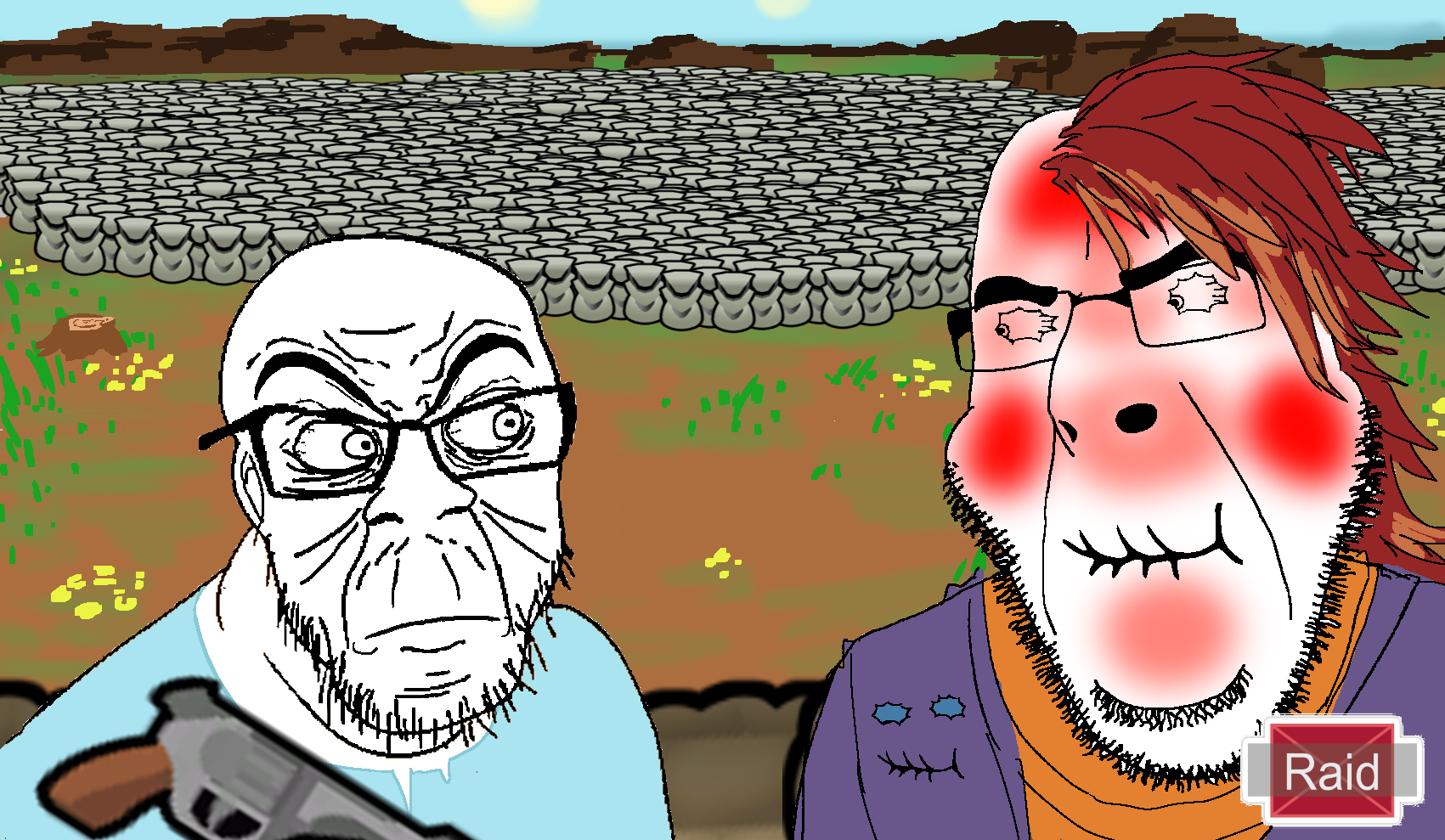 cobson, feraljak, don't laugh, 2soyjaks, bald, closed mouth, glasses, laughing, looking to the left, looking to the right