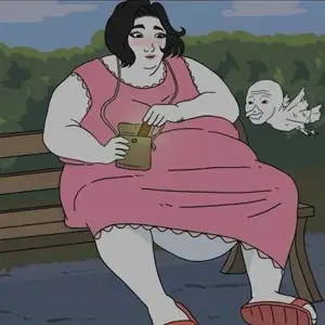 doomer girl wojak, wojak, animal, bald, bbw, beak, bench, bird, black hair, dress