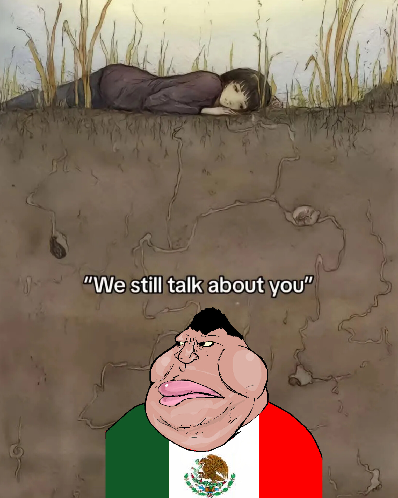 meximutt, we still talk about you, 1soyjak, black eyes, black hair, brown skin, closed mouth, drawn background, fat, fatass