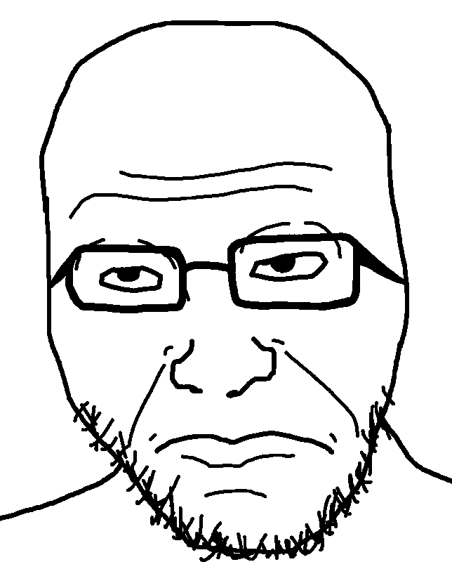 smibson 2, unknown, 1soyjak, bald, big lips, closed mouth, forehead lines, front view, frown, glasses