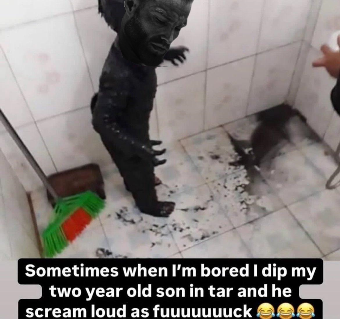 gigachad, bathroom, bathroom floor, black eyes, black hair, black skin, broom, bucket, closed eyes, closed mouth
