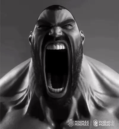 gigachad, gigayell, animated, arm, beard, black hair, buff, closed mouth, ear, eating
