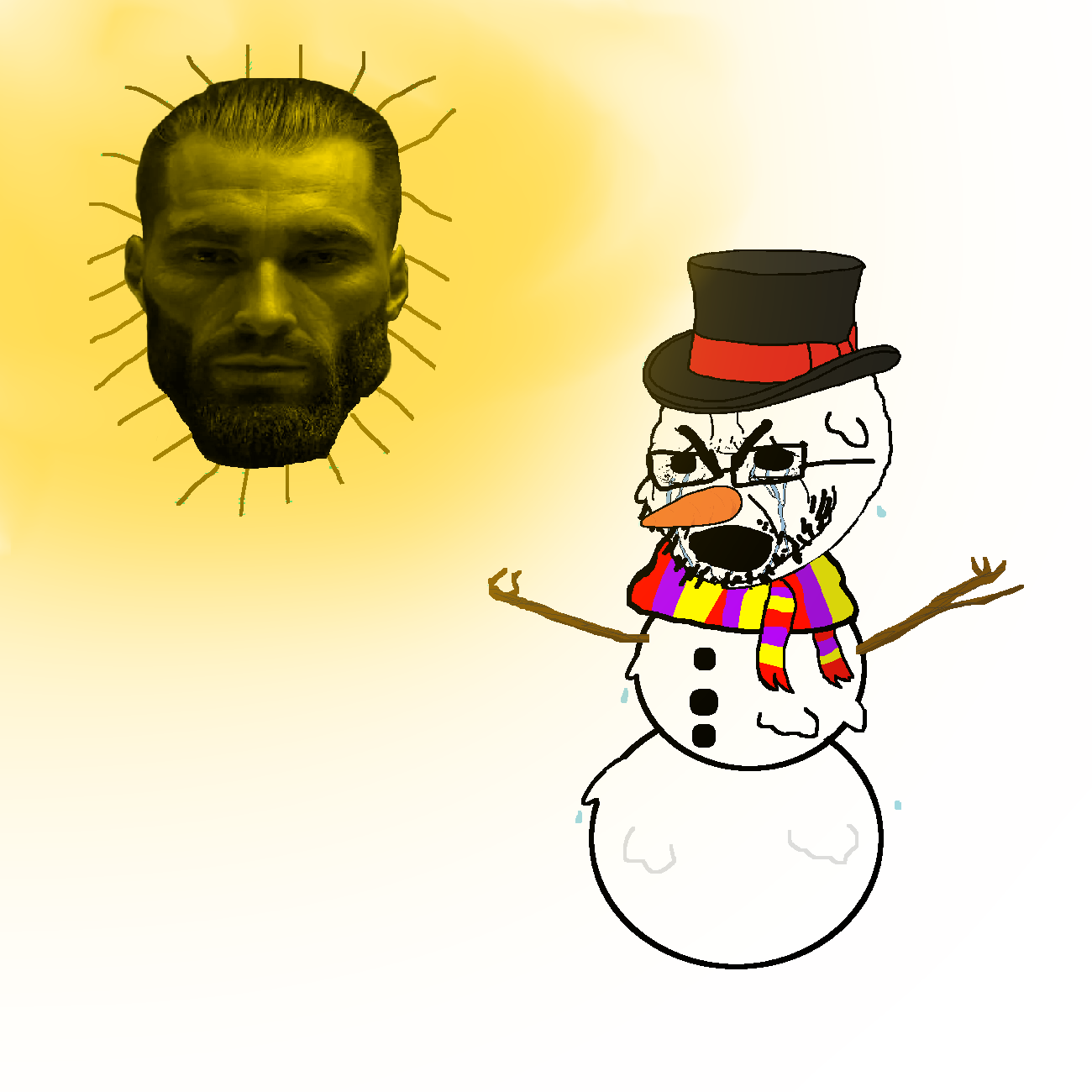 gigachad, cryboy soyjak, 1soyjak, angry, arm, beard, black eyes, black hair, bothered, branch