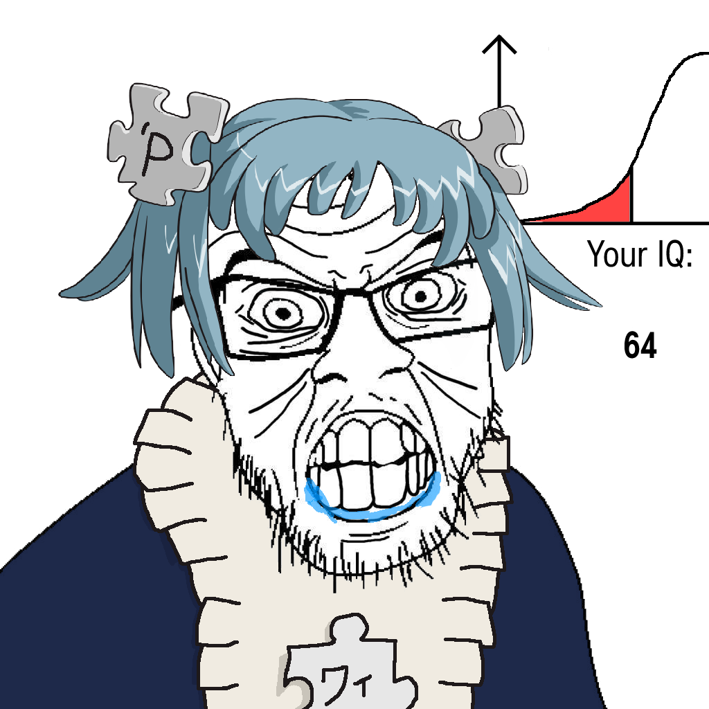 wikipe-tan, feraljak, iq diagrams, 1soyjak, angry, bell curve, blue hair, brainlet, clenched teeth, clothes