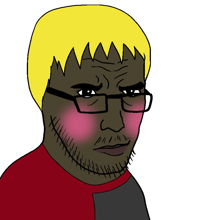 alicia, zoojak, hunky twink sex machine, hunky twink sex machine, 1soyjak, annoyed, black eyes, blonde hair, blush, brown skin
