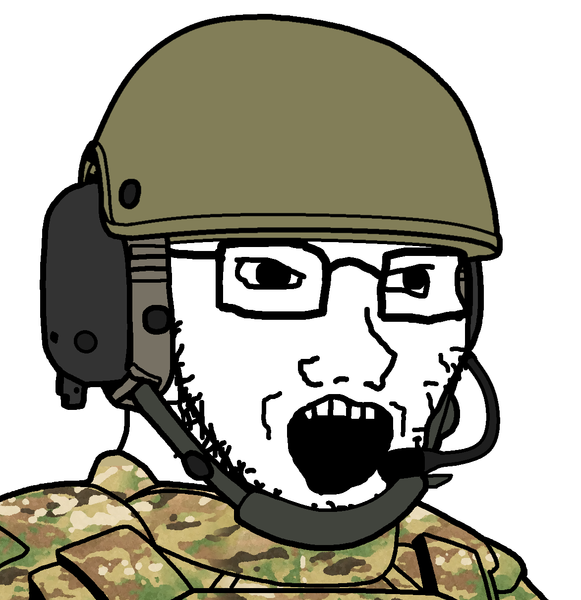 soyak, 1soyjak, bald, black eyes, bulletproof vest, camouflage, clothes, combat helmet, front view, glasses