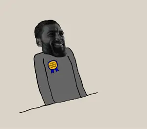 gigachad, beard, closed mouth, gray skin, looking up, no glasses, sitting, skinny, smile, table