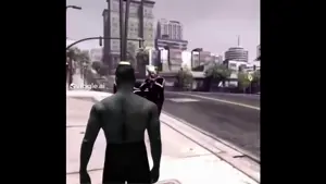 gigachad, afro, aiming at gigachad, aiming at protagonist, animated, apartment block, apartment complex, aryan beast, back view, black and white sneakers