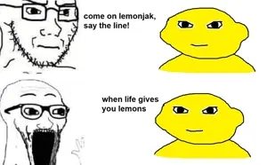 wojak, excited soyjak, soyak, wewjak, arm, closed mouth, concerned, food, frown, fruit