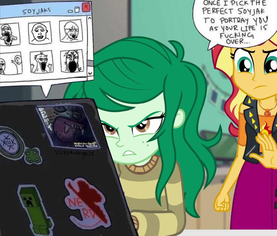 creeper, markiplier soyjak, soyak, two pointing soyjaks, vlodson, animal, closed mouth, clothes, computer, equestria girls