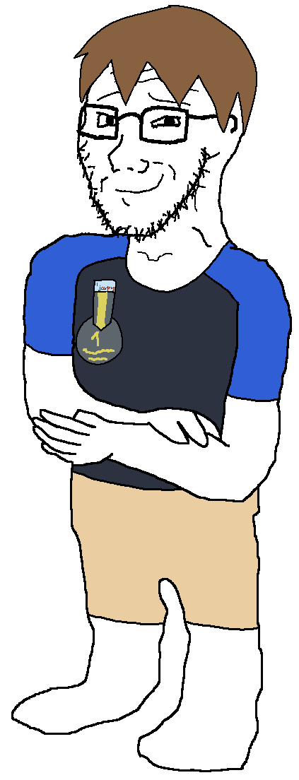 jake, soyak, soyak (smug) 3, natejak, 1soyjak, black eyes, blue shirt, brown hair, brown pants, closed mouth