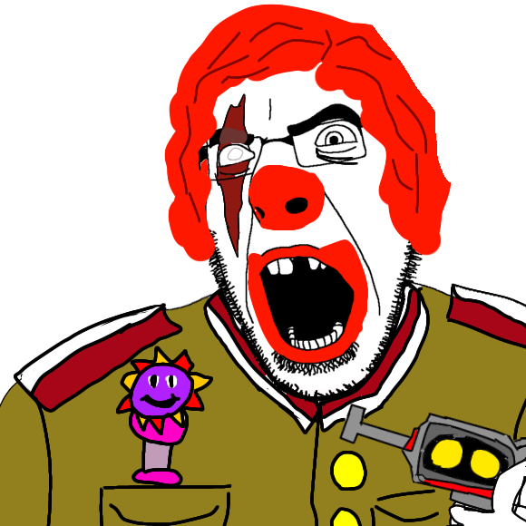 cobson, 1soyjak, angry, beard, clown, gun, military uniform, mullet, old, open mouth