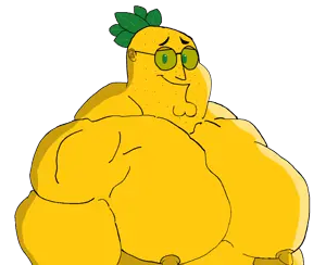 weirdpenis, 1soyjak, bald, breasts, buff, closed mouth, food, front view, fruit, glasses