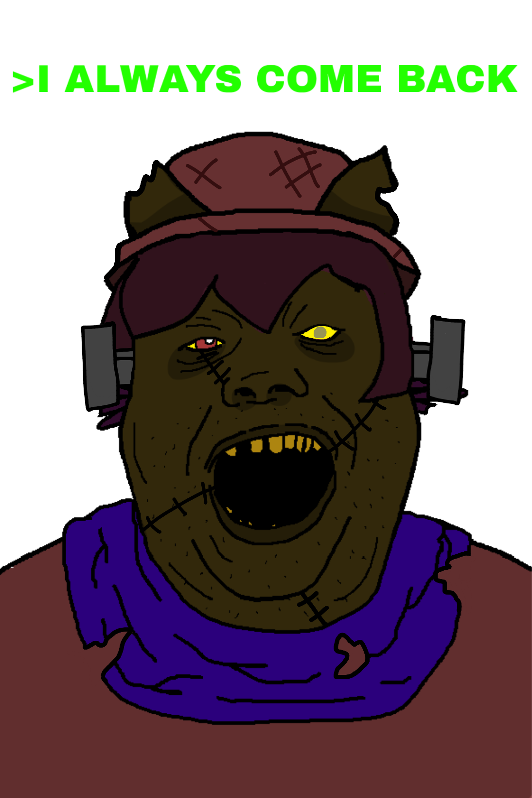 niko (oneshot), alicia, 1soyjak, black skin, clothes, fat, frankenstein, greentext, hair, hat