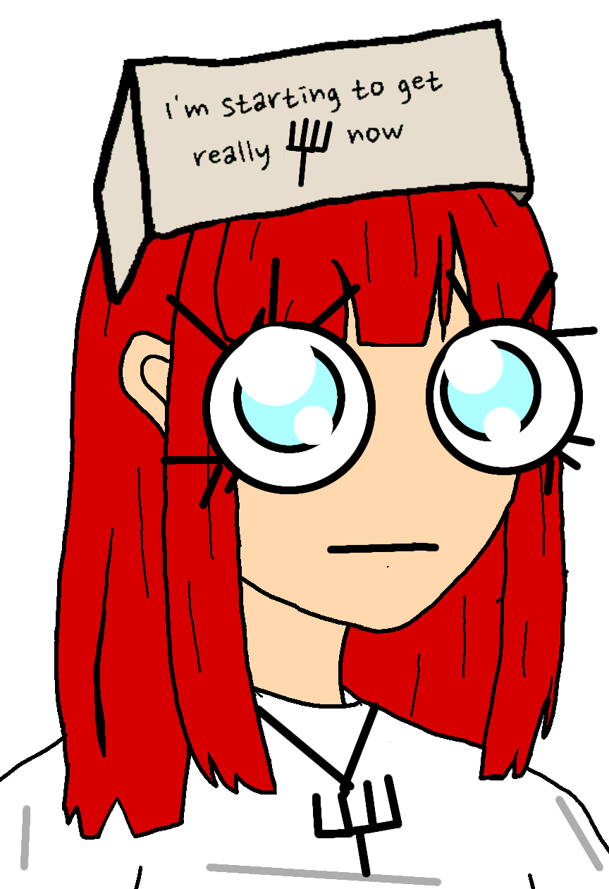 soychang, soytan, blue eyes, closed mouth, clothes, fork, hair, hat, joke, long hair