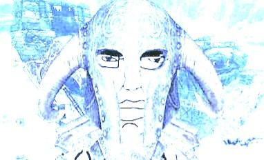 chudjak, 1soyjak, blue background, blue light, closed mouth, clothes, eyebrows, fus ro dah, glasses, hat