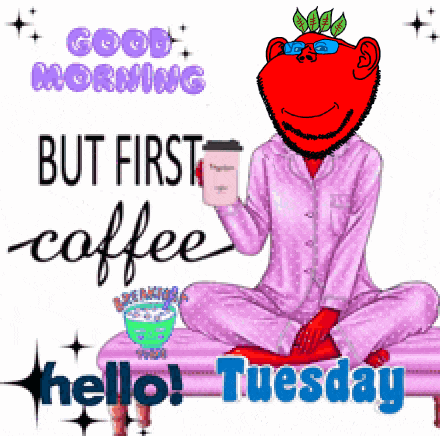 impish soyak ears, admin, animated, beetroot, blue glasses, closed mouth, coffee, drink, glasses, good morning