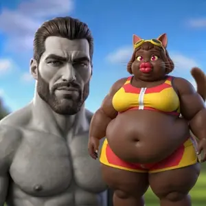 gigachad, kit bodega, bbw, black skin, brown hair, buff, closed mouth, fat, female, gray skin