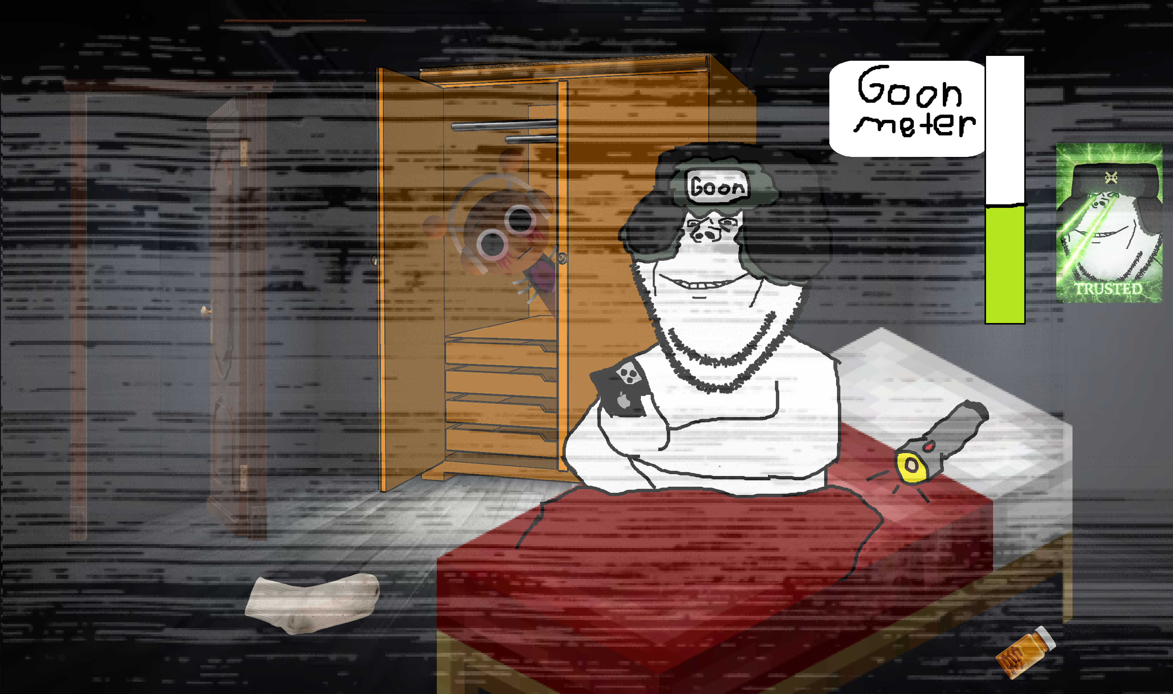 impish soyak ears, 1soyjak, bald, bedroom, black eyes, bleeding eyes, bloodshot eyes, closet, flashlight, gooner