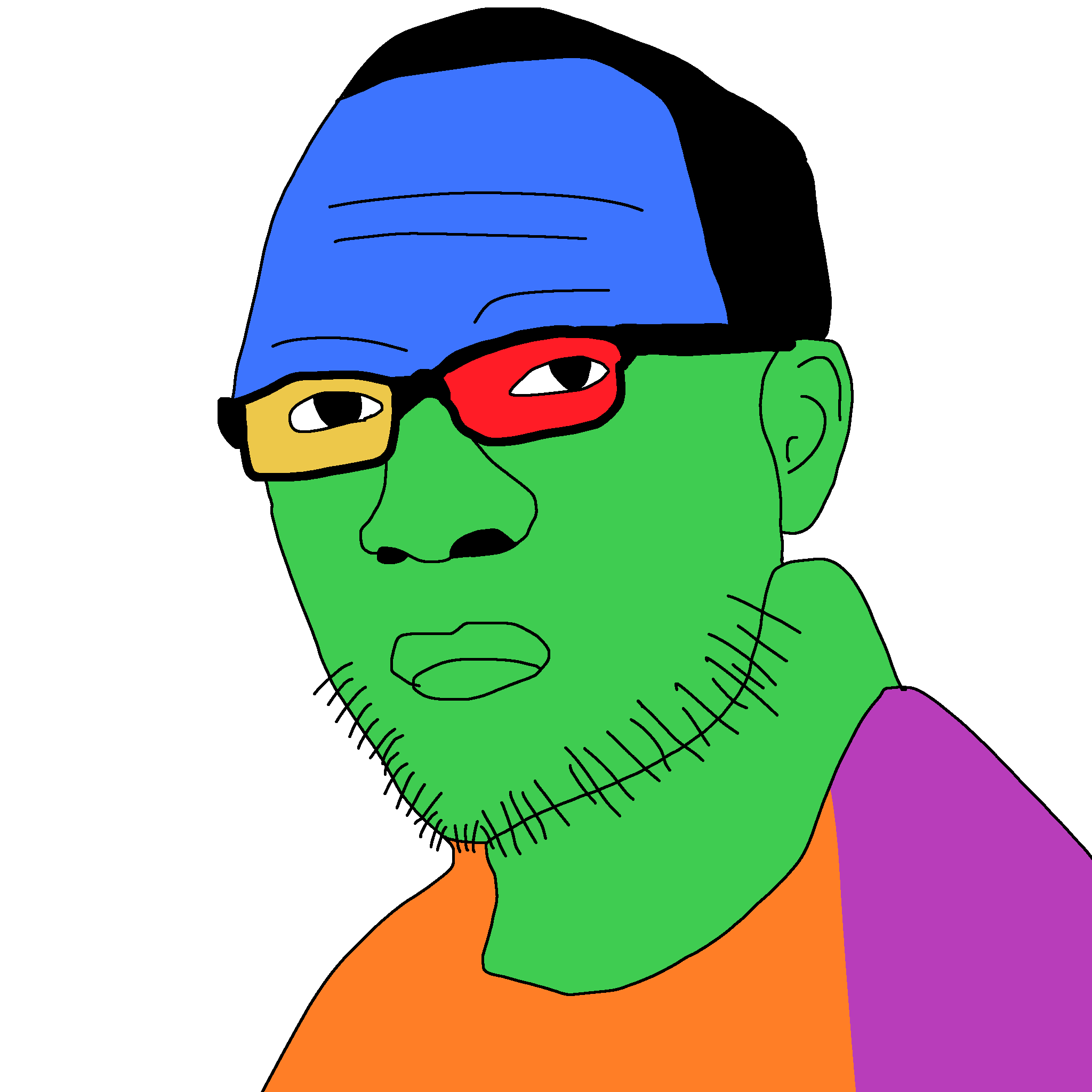 forcedjak, colorjak, black hair, blue skin, closed mouth, green skin, hair, half body, looking at you, open eyes
