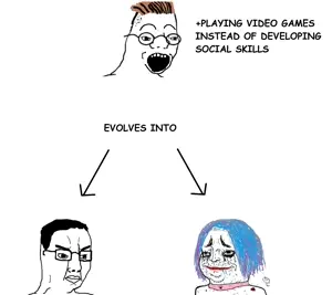chudjak, zoomer, glasses, hair, open mouth, soyjak, text, tranny, video game, zoomer