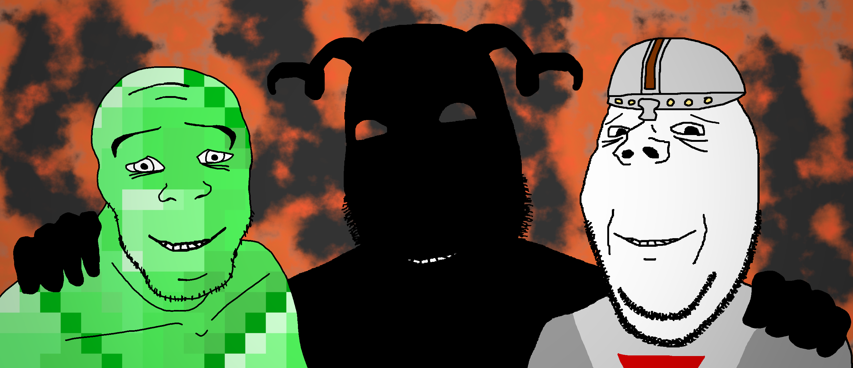 cobson, feraljak, gapejak, wholesome soyjak, trios & duos, 3soyjaks, bald, black skin, closed mouth, clothes
