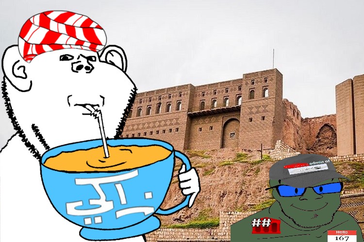 feraljak, impish soyak ears, citadel, doll, drink, drinking, erbil citadel, green skin, irl background, kurd