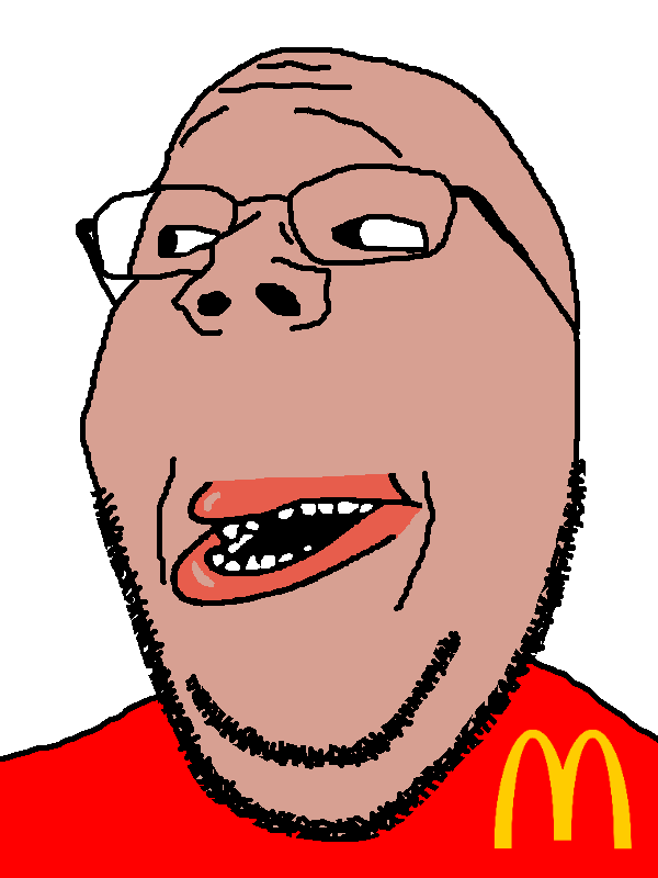 gapejak, wholesome amerimutt, amerimutt, fusionjaks, 1soyjak, bald, front view, glasses, half open mouth, lips