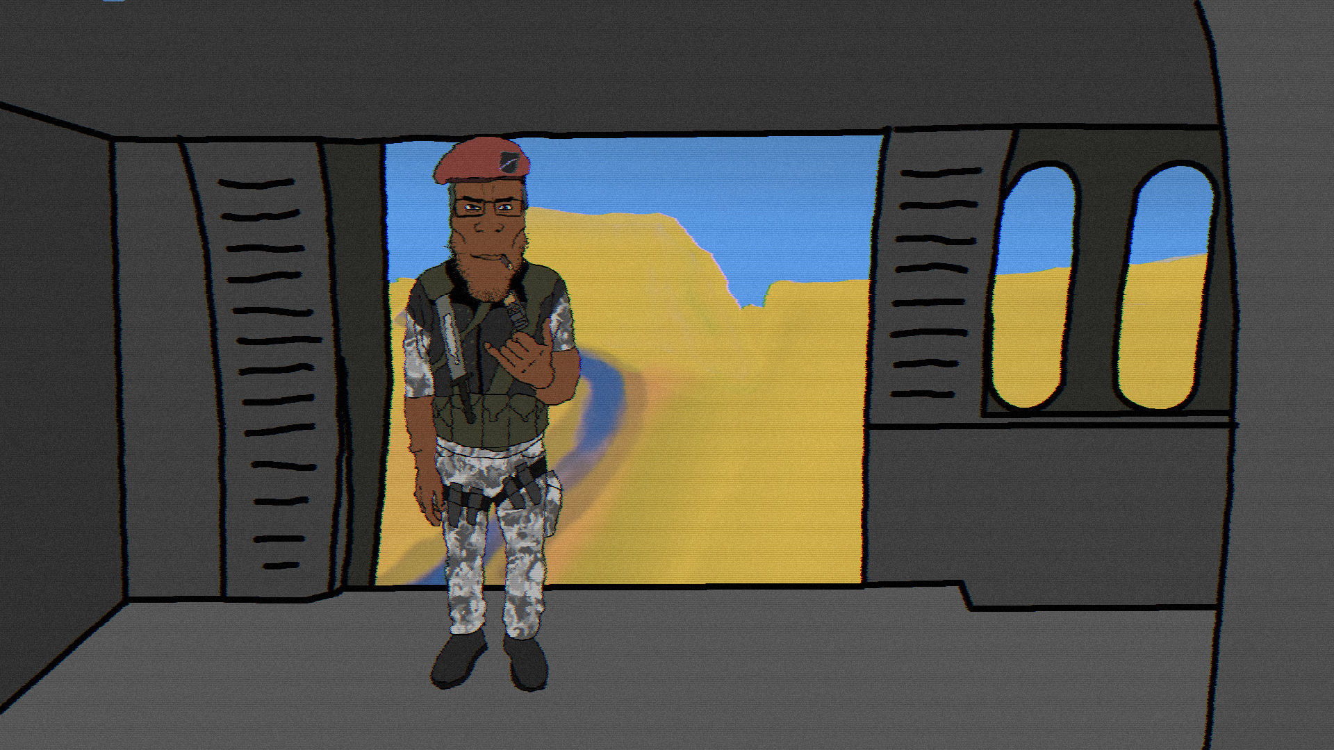 chudjak, markiplier soyjak, chudplier, soy mesa, 1soyjak, blue eyes, brown skin, buff, closed mouth, drawn background
