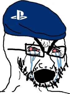 cryboy soyjak, beanie, bloodshot eyes, bushy eyebrows, clothes, console, crying, glasses, hat, open mouth