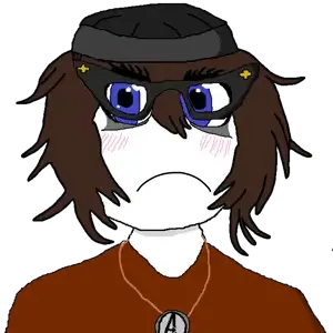 soytan, soywood, blue eyes, blush, brown hair, closed mouth, eyebags, female, front view, frown