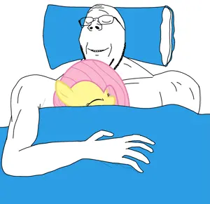 fluttershy, gapejak, wholesome soyjak, animal, arm, blanket, blue130, buff, closed, eyes