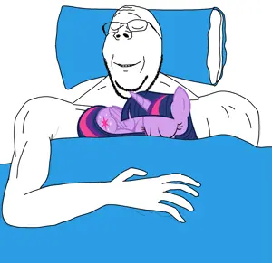 twilight sparkle, gapejak, wholesome soyjak, animal, arm, blanket, blue, buff, closed eyes, glasses