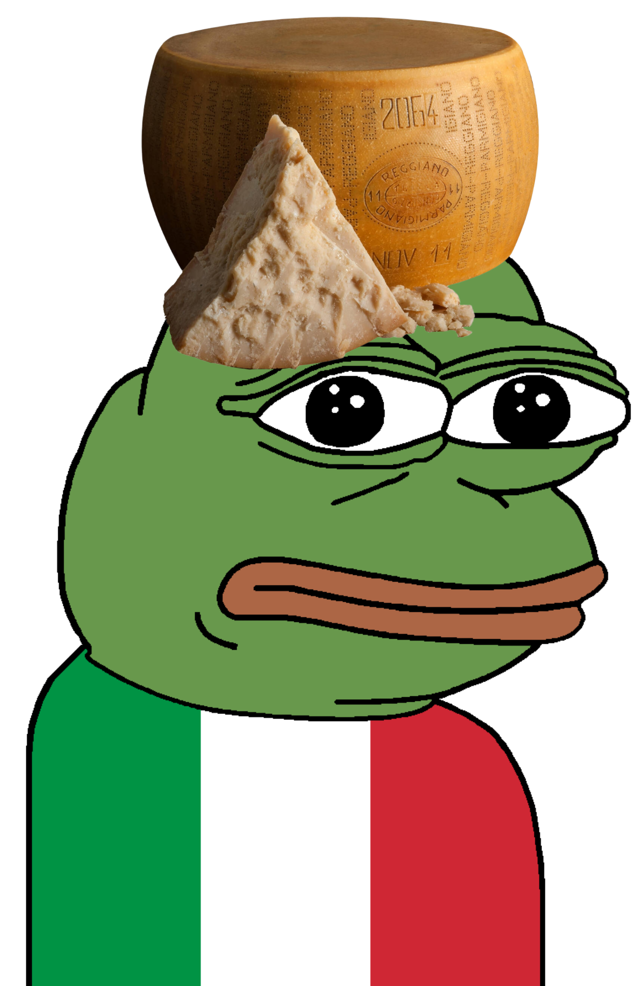 pepe, amphibian, animal, cheese, closed mouth, clothes, flag, food, frog, green skin