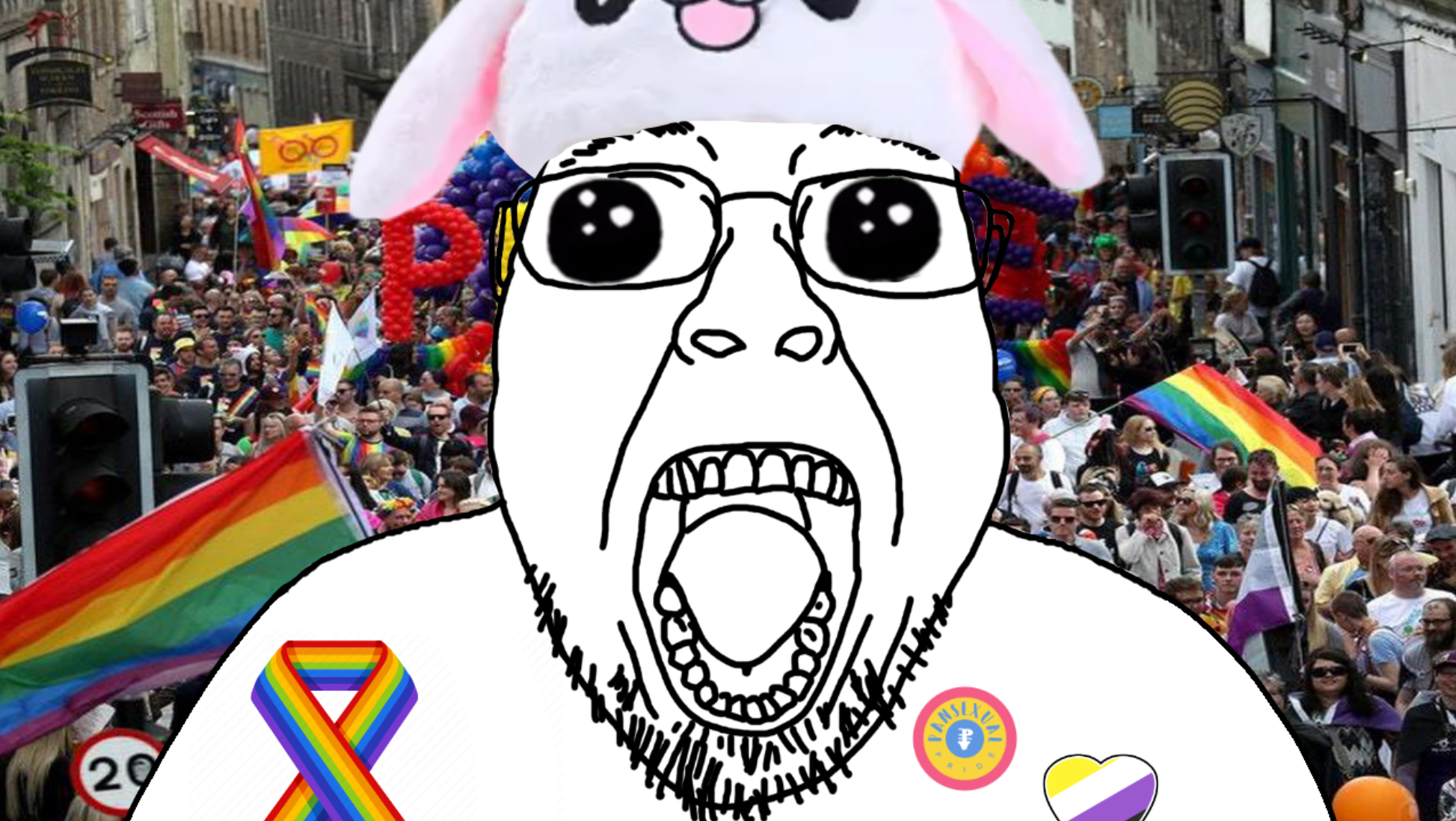gapejak, oh my god she is so attractive, animal, clothes, flag, gay, glasses, hat, irl background, non-binary