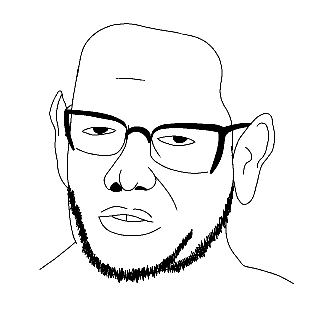 unknown, 1soyjak, bald, black eyes, confused, fat, front view, glasses, half closed eyes, half open mouth