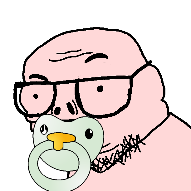 zombiejak, imp, babyjak, 1soyjak, bald, black eyes, glasses, half body, looking to the left, mustache