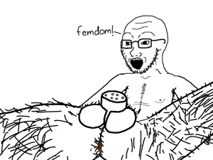 soyak, anus, arm, body hair, chastity cage, femdom, glasses, leg, nipple, open mouth