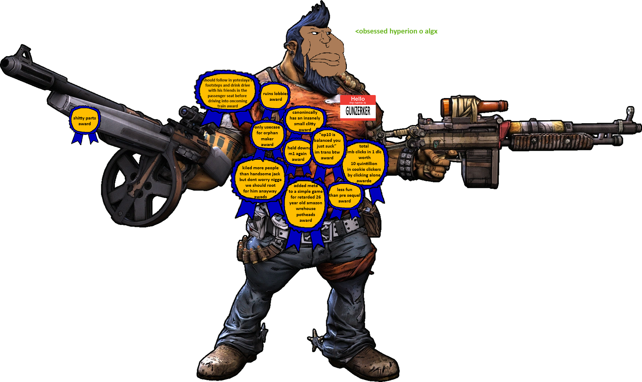 meximutt, award, awards, beard, blue hair, blue pants, borderlands, borderlands 2, brown skin, cholo