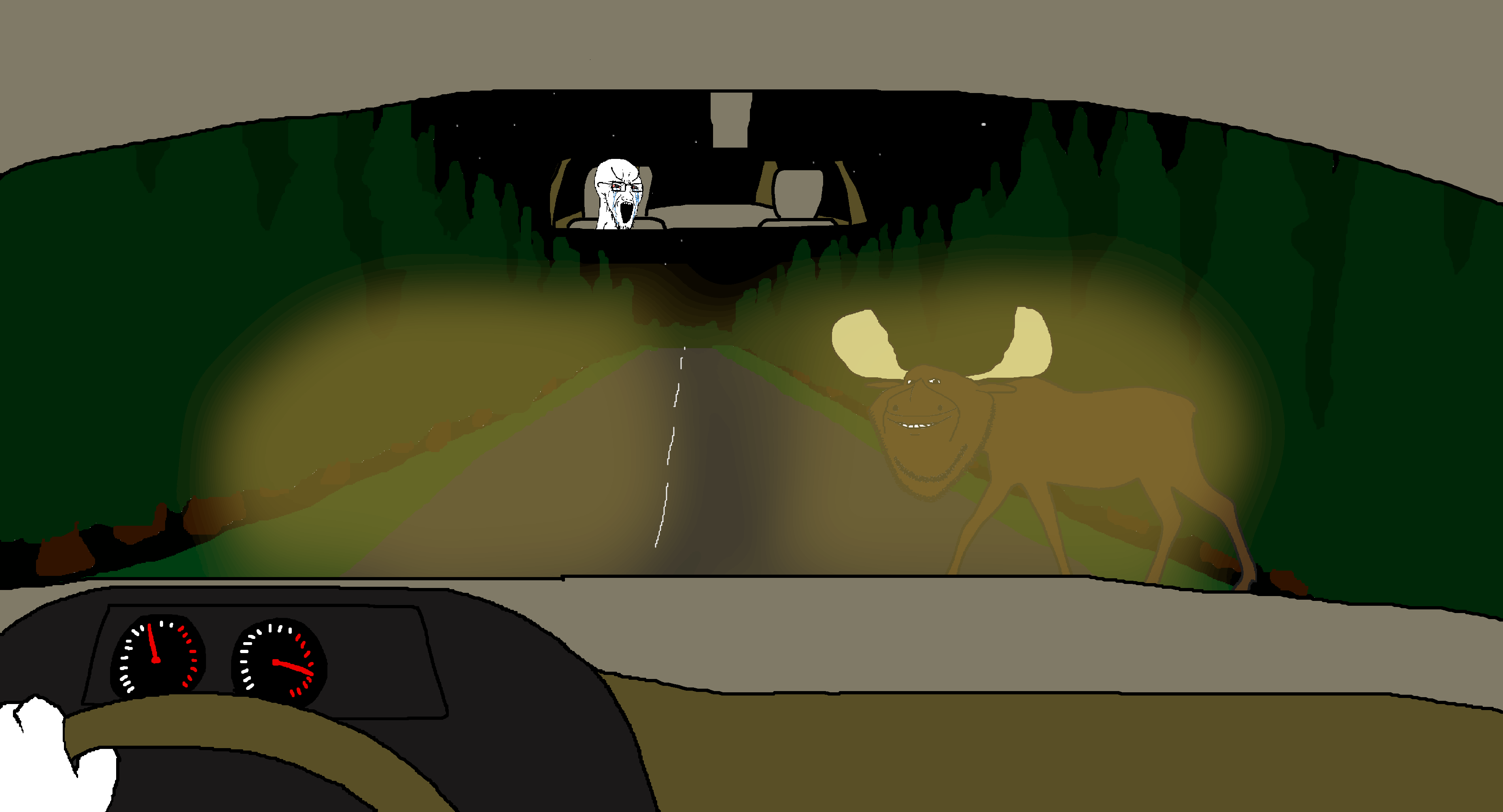 impish soyak ears, soyak, 2soyjaks, animal, bloodshot eyes, car, crying, drawn background, glasses, hands